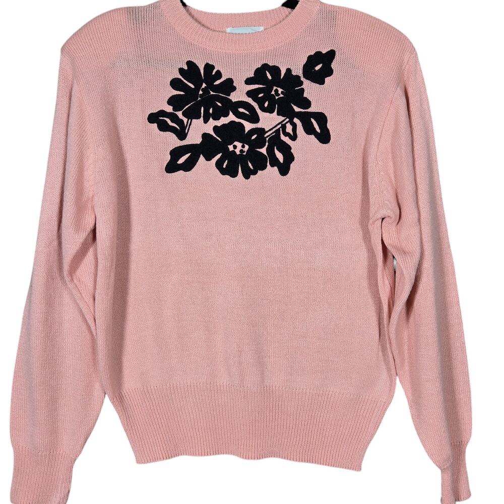 Vintage Mr Mort Sweater Womens Large Pink Acrylic‎ Applique Flowers Floral 1980s